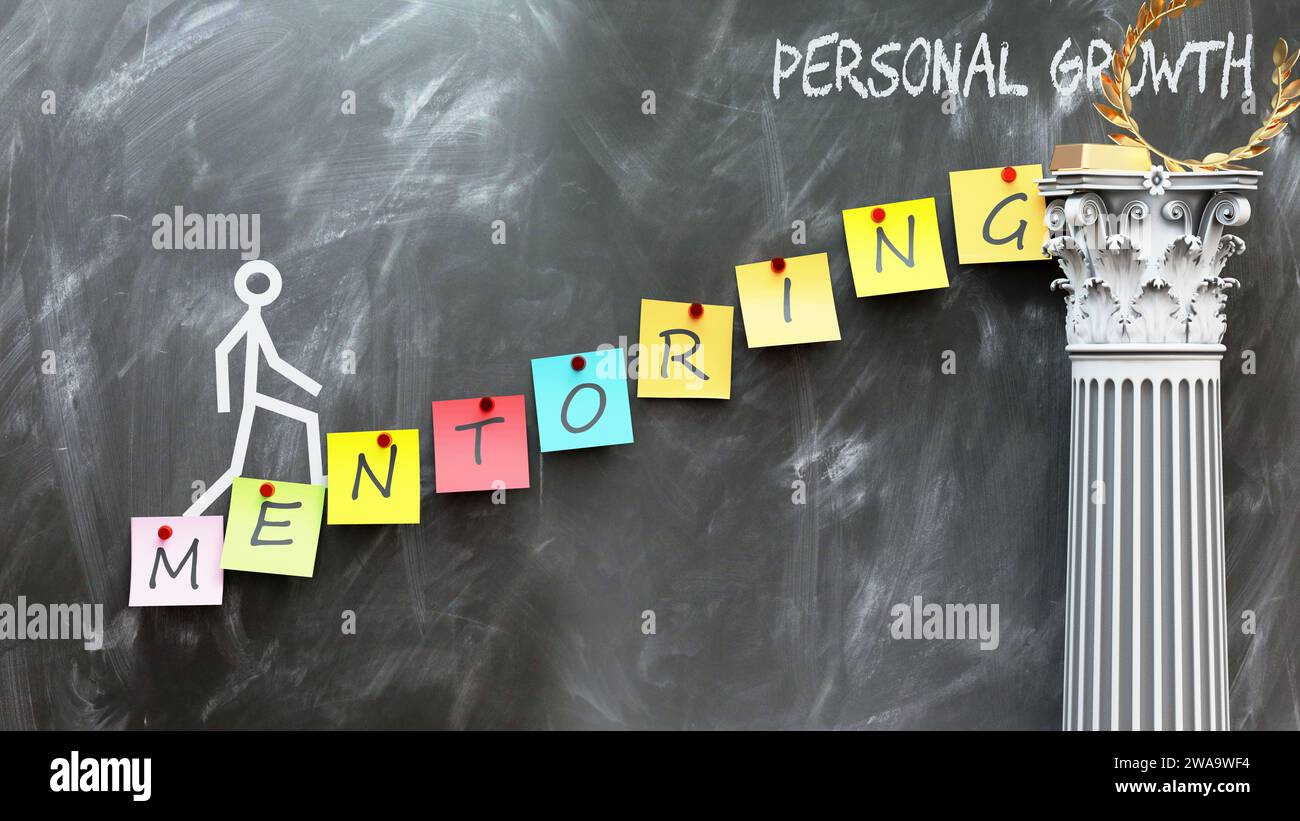 Mentoring führt zu persönlichem Wachstum – eine Metapher, die zeigt, wie Mentoring den Weg zum gewünschten persönlichen Wachstum ebnet. Symbolisiert die Bedeutung der Menschen Stockfoto
