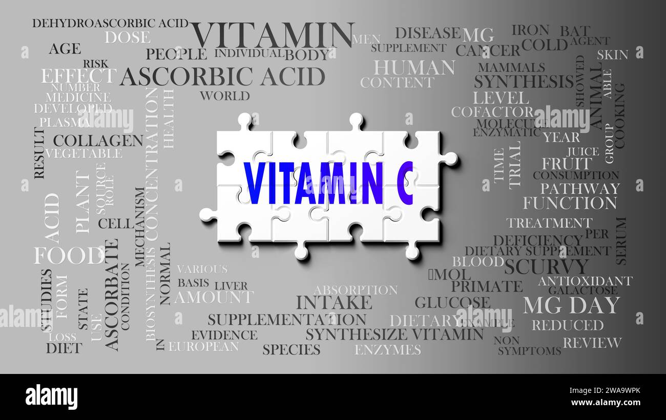 Vitamin C - ein komplexes Thema, das mit vielen Konzepten zusammenhängt. Dargestellt als Puzzle und Wortwolke aus den wichtigsten Ideen und Phrasen im Zusammenhang mit vit Stockfoto