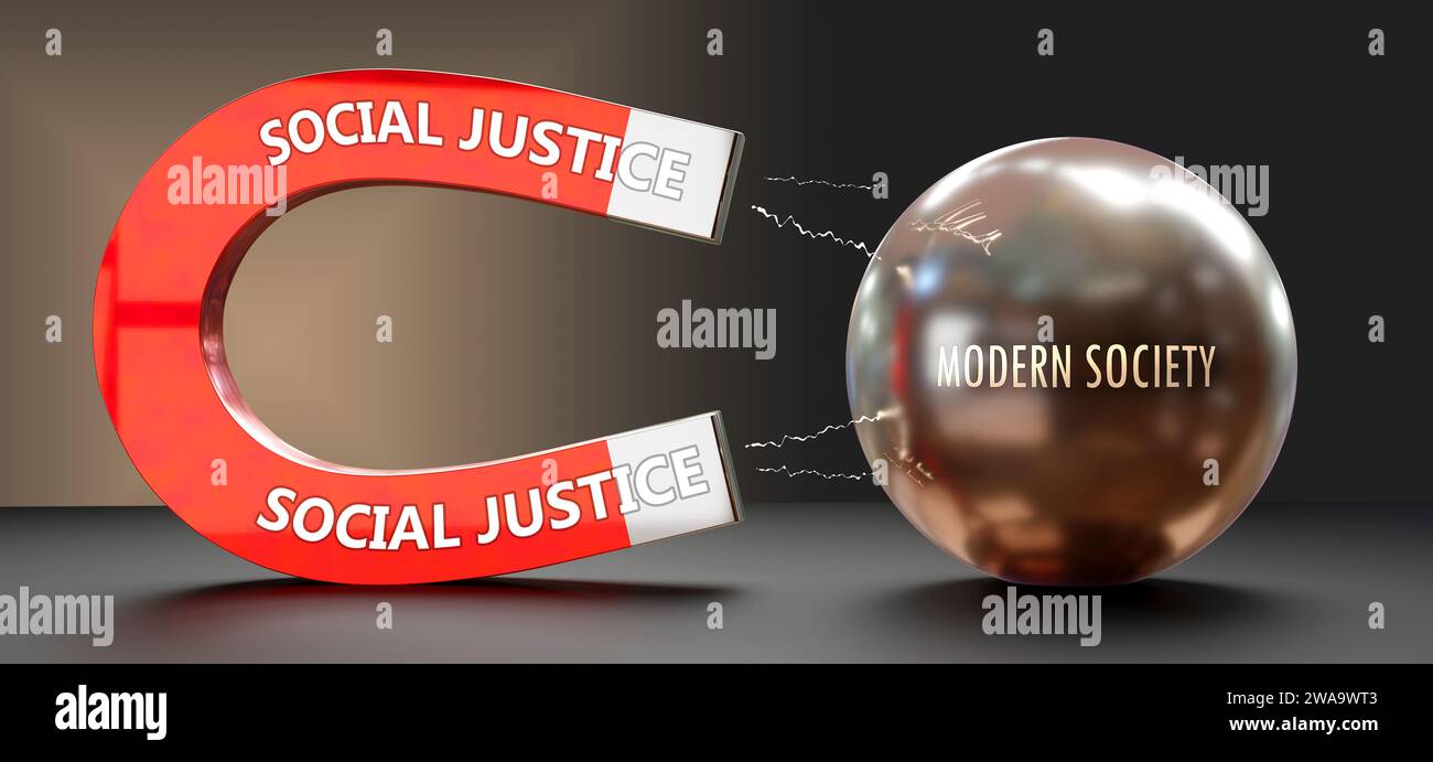 Soziale Gerechtigkeit zieht die moderne Gesellschaft an. Eine Metapher, die soziale Gerechtigkeit als großen Magnet zeigt, der die moderne Gesellschaft anzieht. Ursache-Wirkung-Beziehung Stockfoto