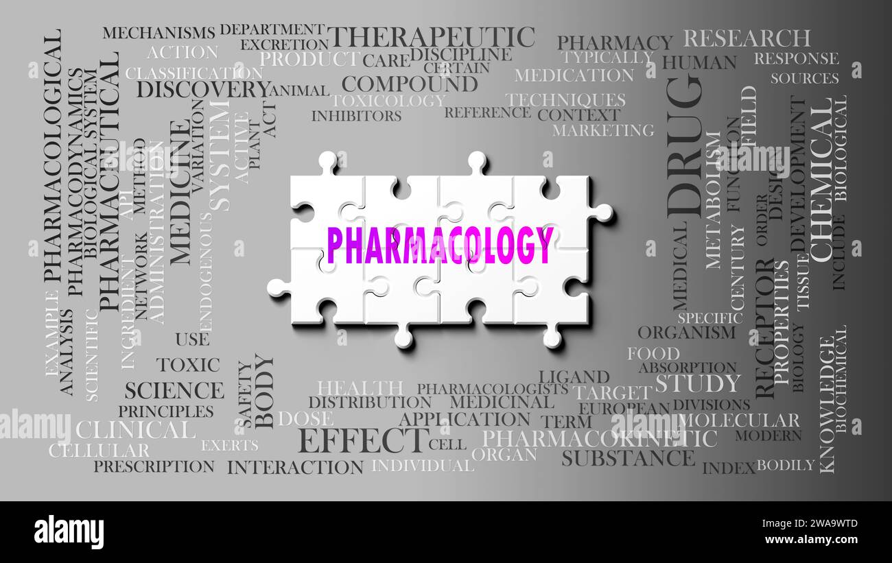 Pharmakologie - ein komplexes Thema, das mit vielen Begriffen zusammenhängt. Dargestellt als Puzzle und Wortwolke, die aus den wichtigsten Ideen und Phrasen zusammengesetzt sind Stockfoto