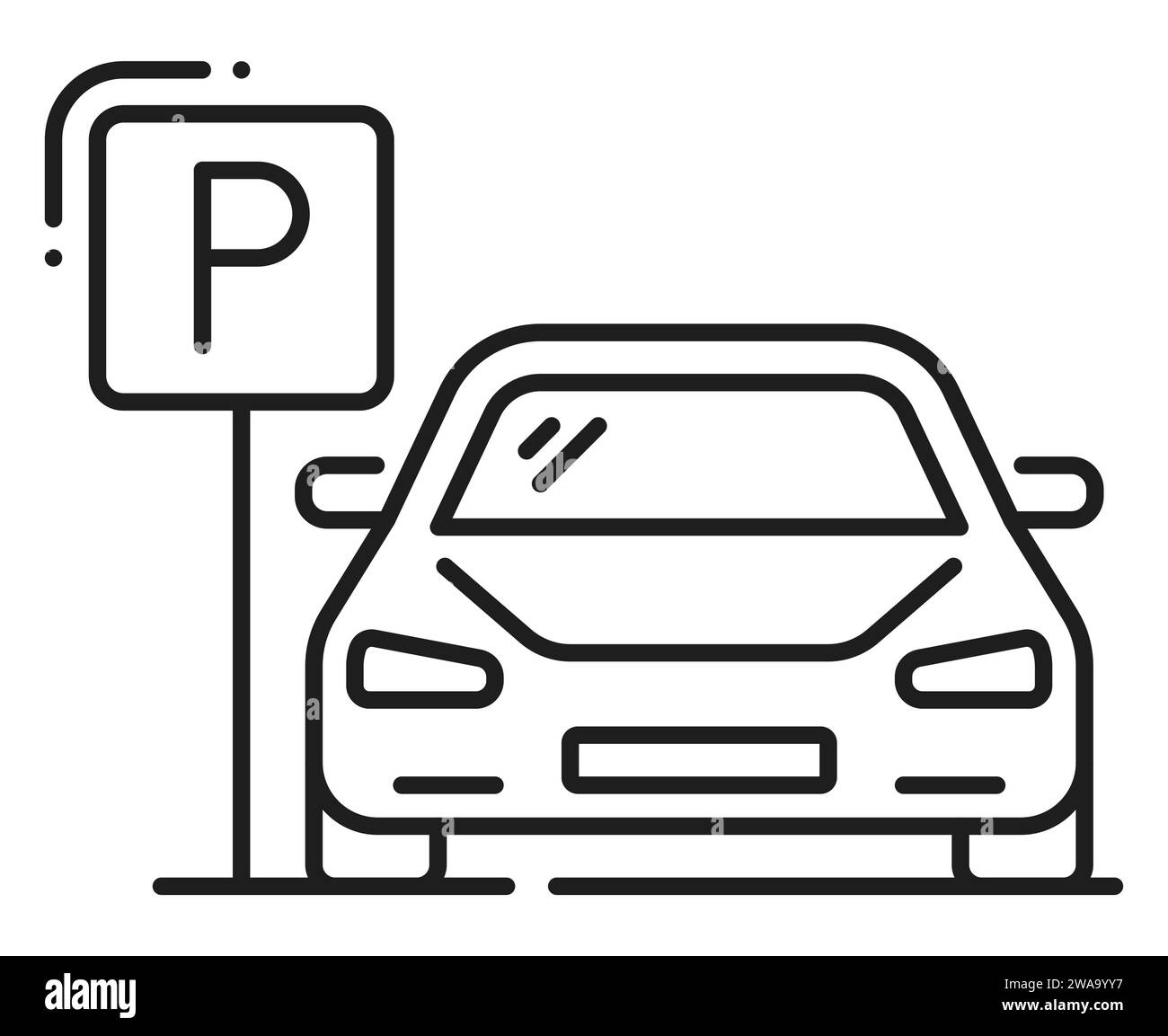 Autoparkplätze, Garagenservice, Symbol für die Beschreibung. Straßenschild für die städtische Verkehrsinfrastruktur, öffentliche Parkzone für Autos oder Symbol für die Straßenlinie oder Piktogramm mit Limousine Auto Stock Vektor