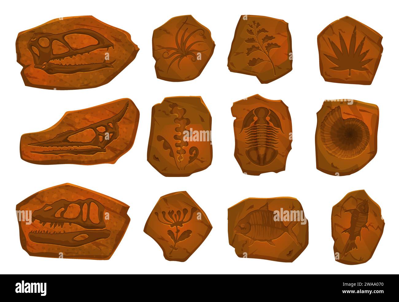 Altes Dinosaurierfossil, Fischskelett und Pflanzenabdruck in Stein. Archäologische Vektorgrube. Dino-Fußabdrücke, Meerestiere und Muschelschalen in alten Steinstücken, prähistorische Evolutionsgegenstände Stock Vektor Altes Dinosaurierfossil, Fischskelett und Pflanzenabdruck in Stein. Archäologische Vektorgrube. Dino-Fußabdrücke, Meerestiere und Muschelschalen in alten Steinstücken, prähistorische Evolutionsgegenstände Stock Vektor