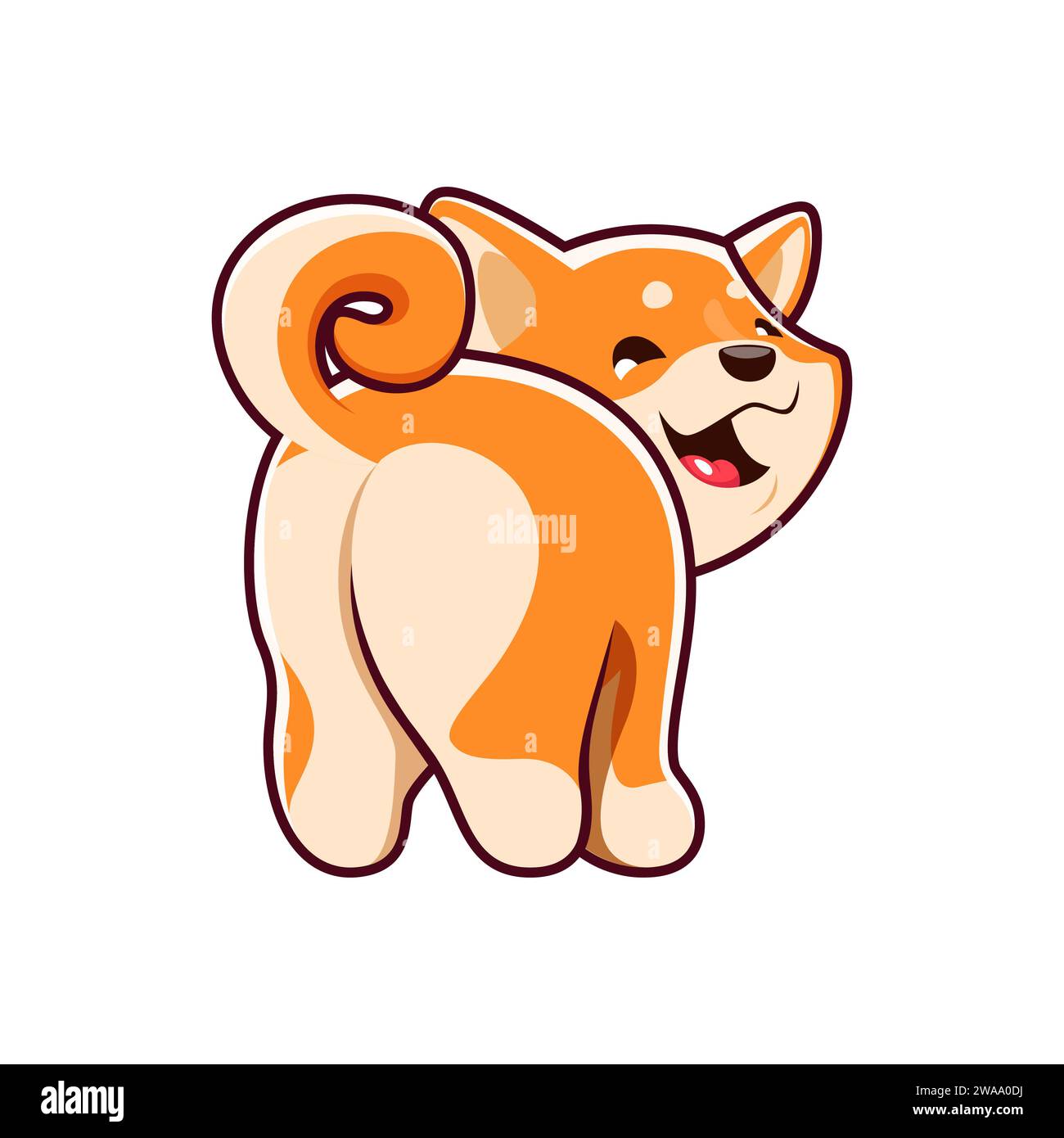 Cartoon Kawaii Shiba Inu Hund zeigt zurück, niedliches Welpen Haustier oder lustiges Tier, Vektor-Kinderfigur. Happy Shiba Inu Welpen Hund lächelt mit Schwanz hoch, Baby Maskottchen oder süße Hund Emoji Stock Vektor