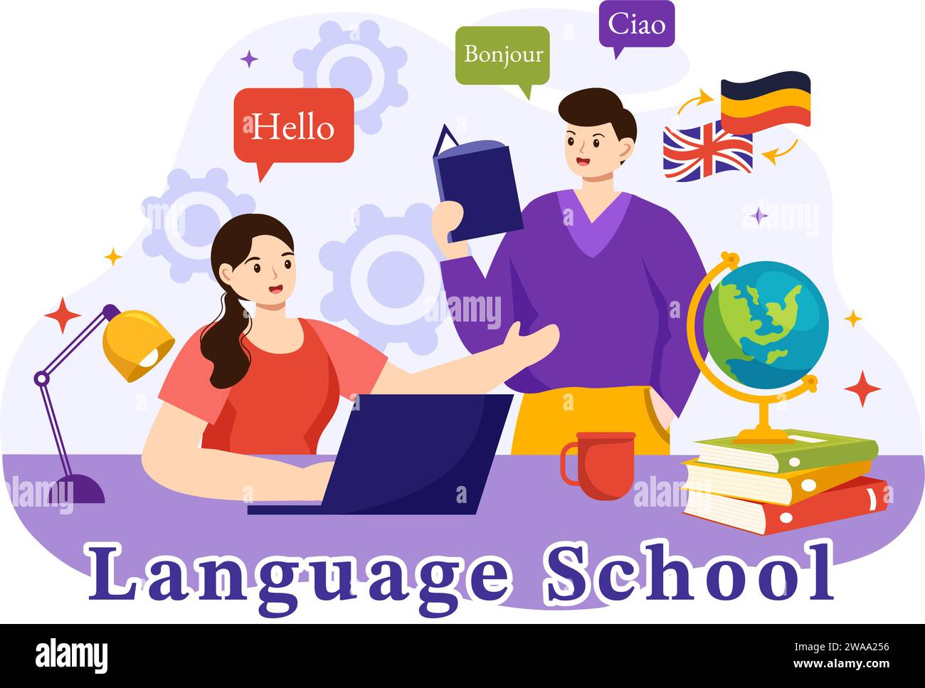 Sprachschule Vektor-Illustration von Online-Lernen, Kursen, Schulungsprogramm und Lernen von Hello-Sprachen im Ausland in flachem Hintergrund Stock Vektor