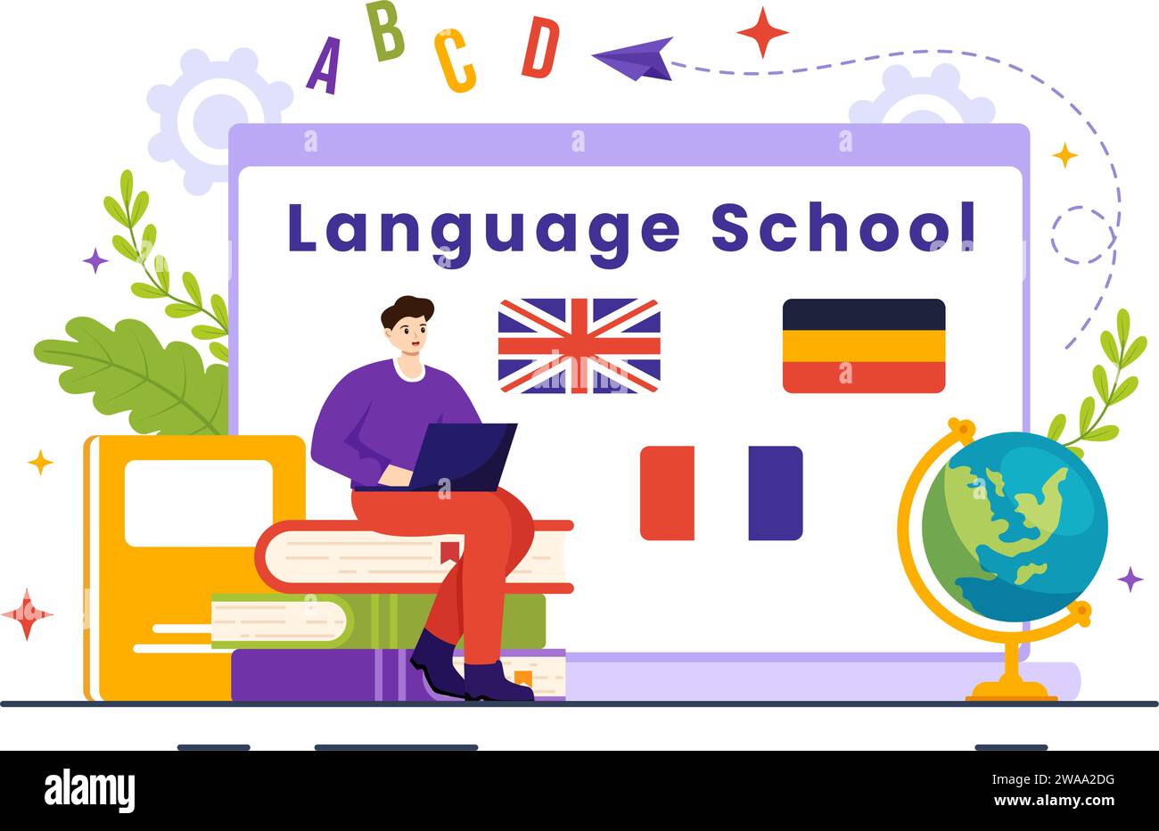 Sprachschule Vektor-Illustration von Online-Lernen, Kursen, Schulungsprogramm und Lernen von Hello-Sprachen im Ausland in flachem Hintergrund Stock Vektor