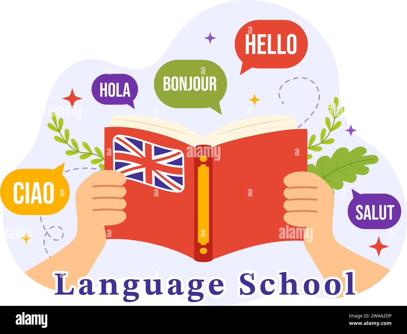 Sprachschule Vektor-Illustration von Online-Lernen, Kursen, Schulungsprogramm und Lernen von Hello-Sprachen im Ausland in flachem Hintergrund Stock Vektor