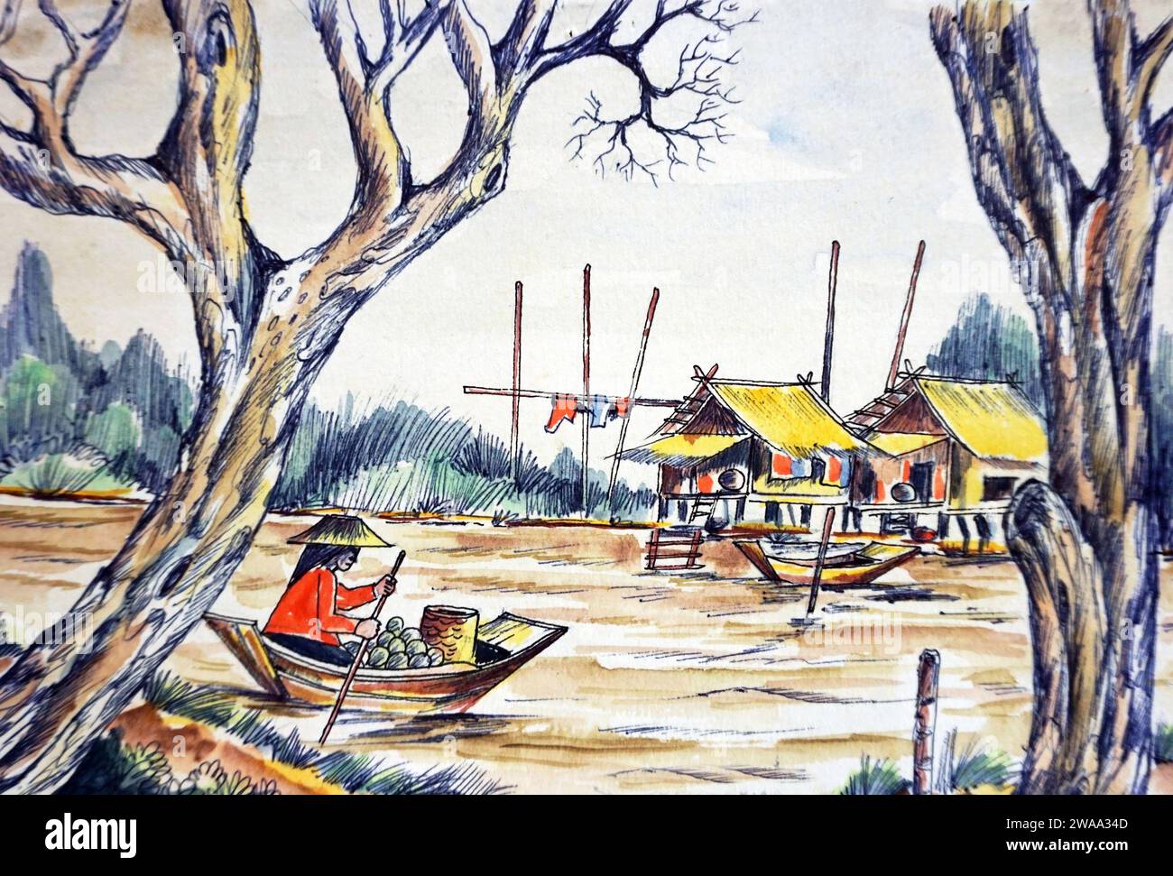 Kunst Zeichnen Comic schwimmende Markt Landschaft thailand Stockfoto
