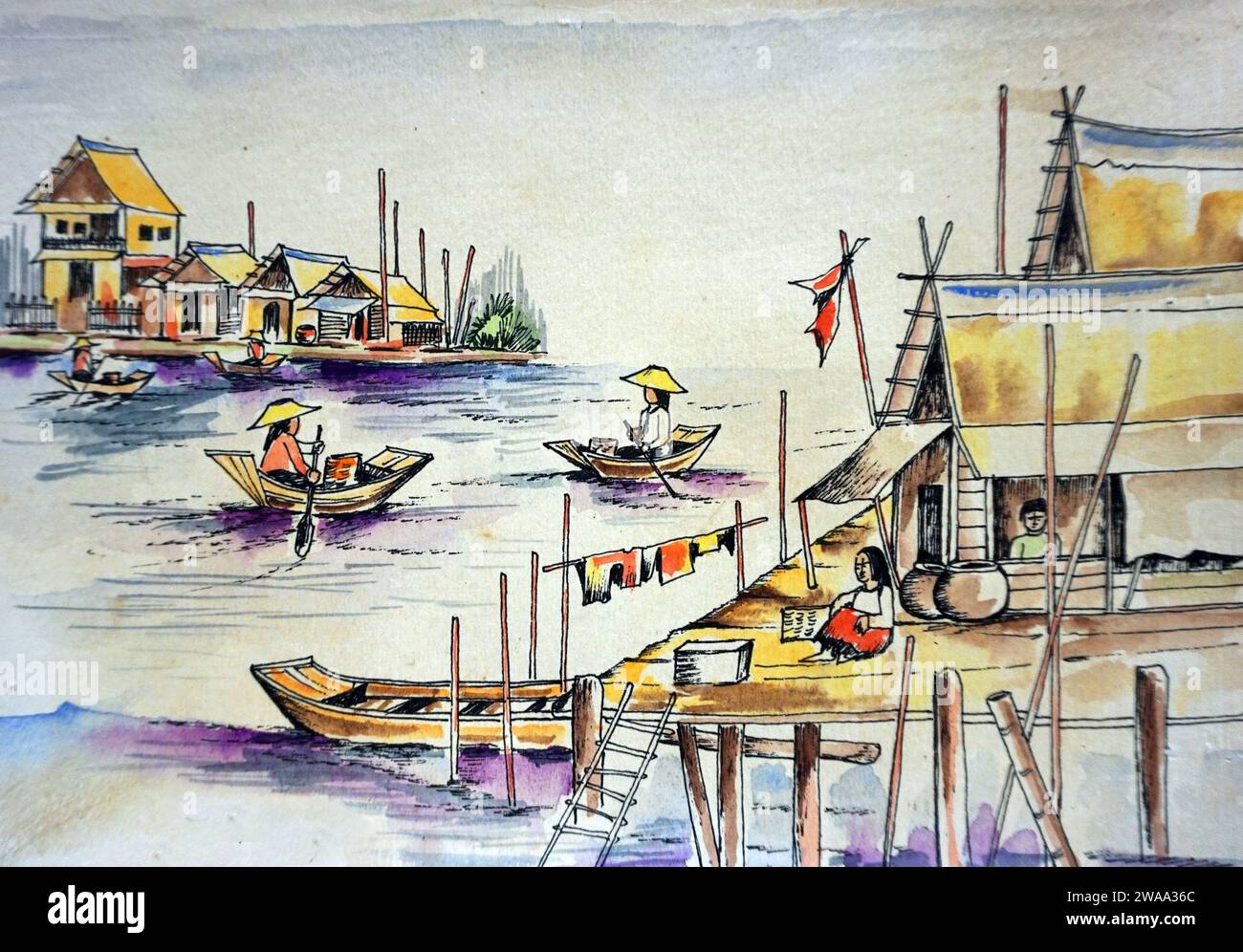 Kunst Zeichnen Comic schwimmende Markt Landschaft thailand Stockfoto