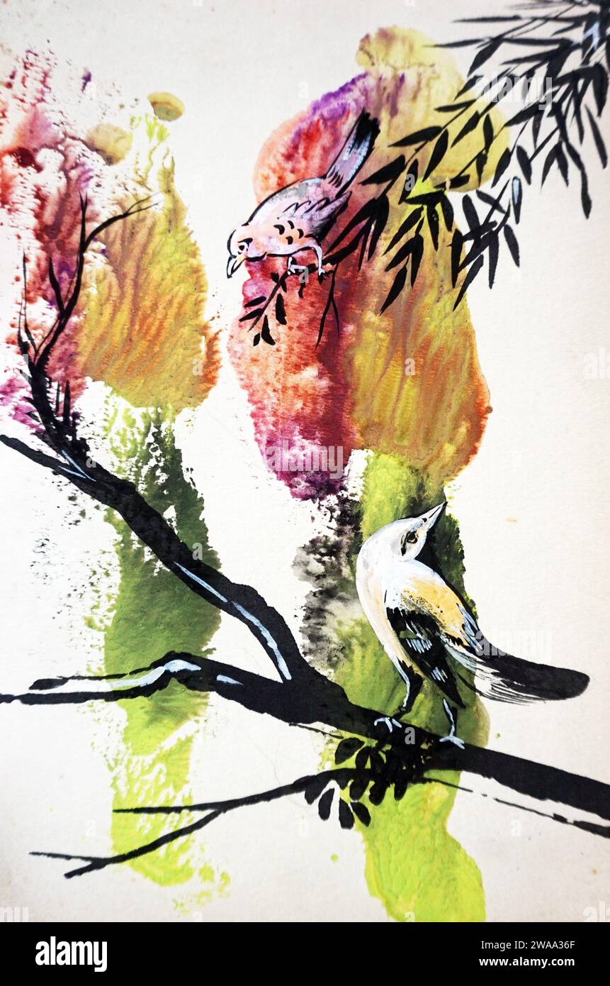 Kunstgemälde Acrylfarbe Vogel im Wald Stockfoto
