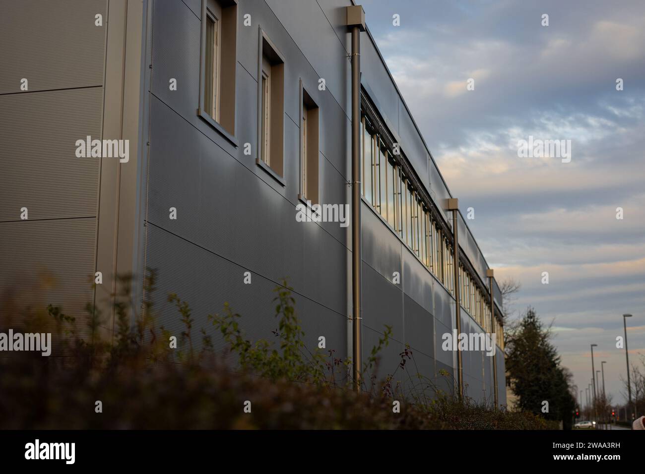 Moderne Blechplatten für Industriegebäude. Geripptes Metall und Isolierung von hinten für eine schnelle Deckschicht für ein Haus. Stockfoto