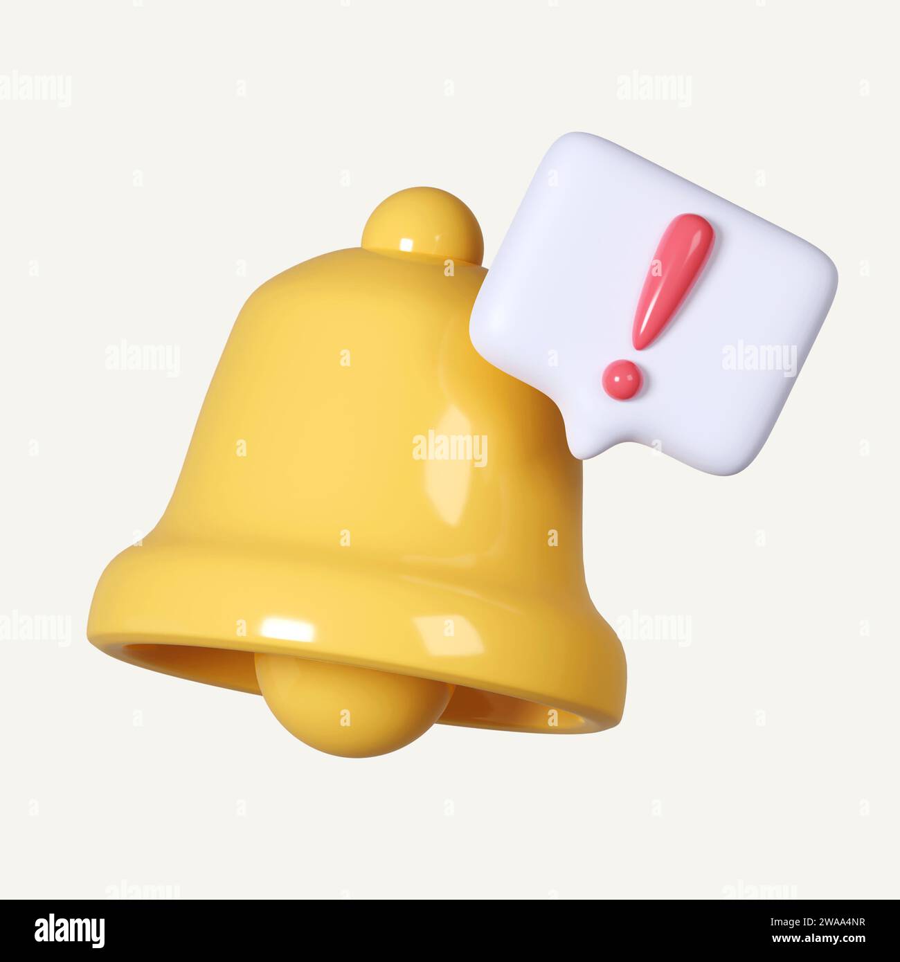 3D-Glockenbenbenachrichtigung mit Ausrufezeichen. Vorsicht, Gefahr. Achtung-Schild. Warnglocke für Gefahrenalarm. Hinweismeldung. Zeichentricksymbol isoliert auf weiß Stockfoto