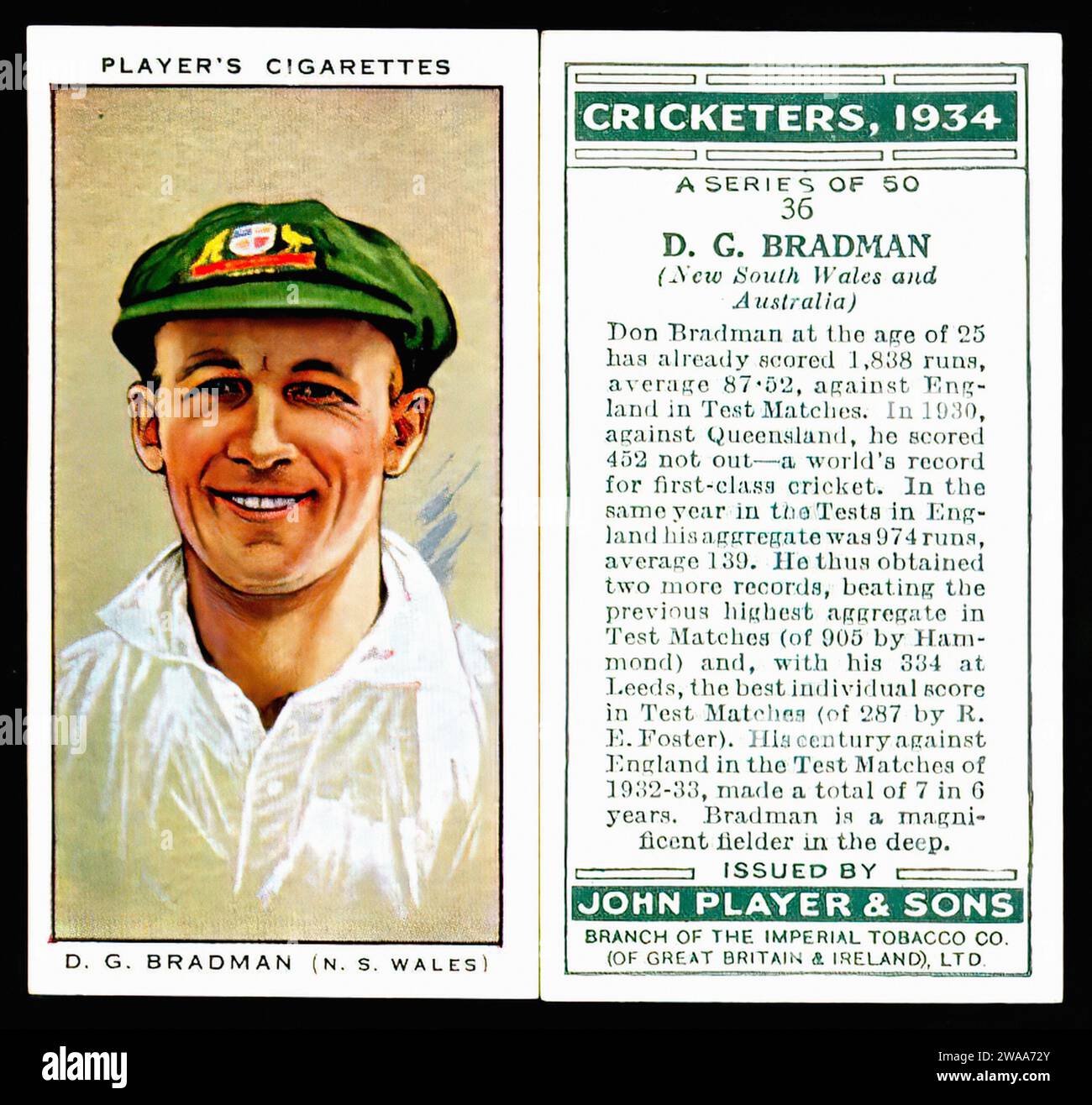 Don Bradman - Vintage Zigarettenkarte Illustration Stockfoto