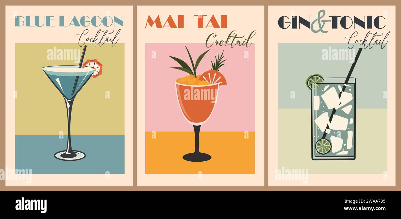 Cocktails Retro-Poster-Set, Vintage-Vektordruck. Stock Vektor