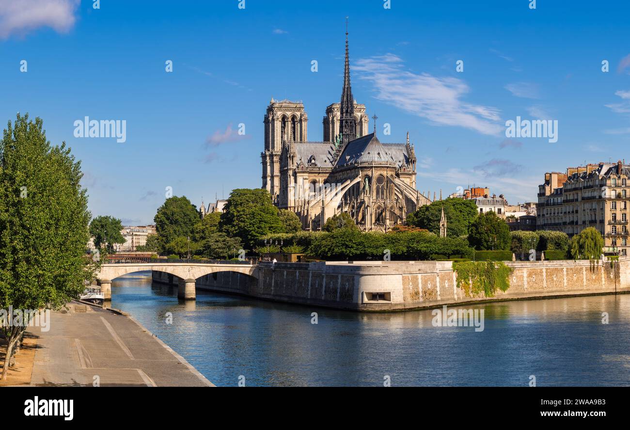 Kathedrale Notre Dame de Paris und seine-Ufer (UNESCO-Weltkulturerbe) im Sommer. Ile de la Cite, Paris, Frankreich Stockfoto