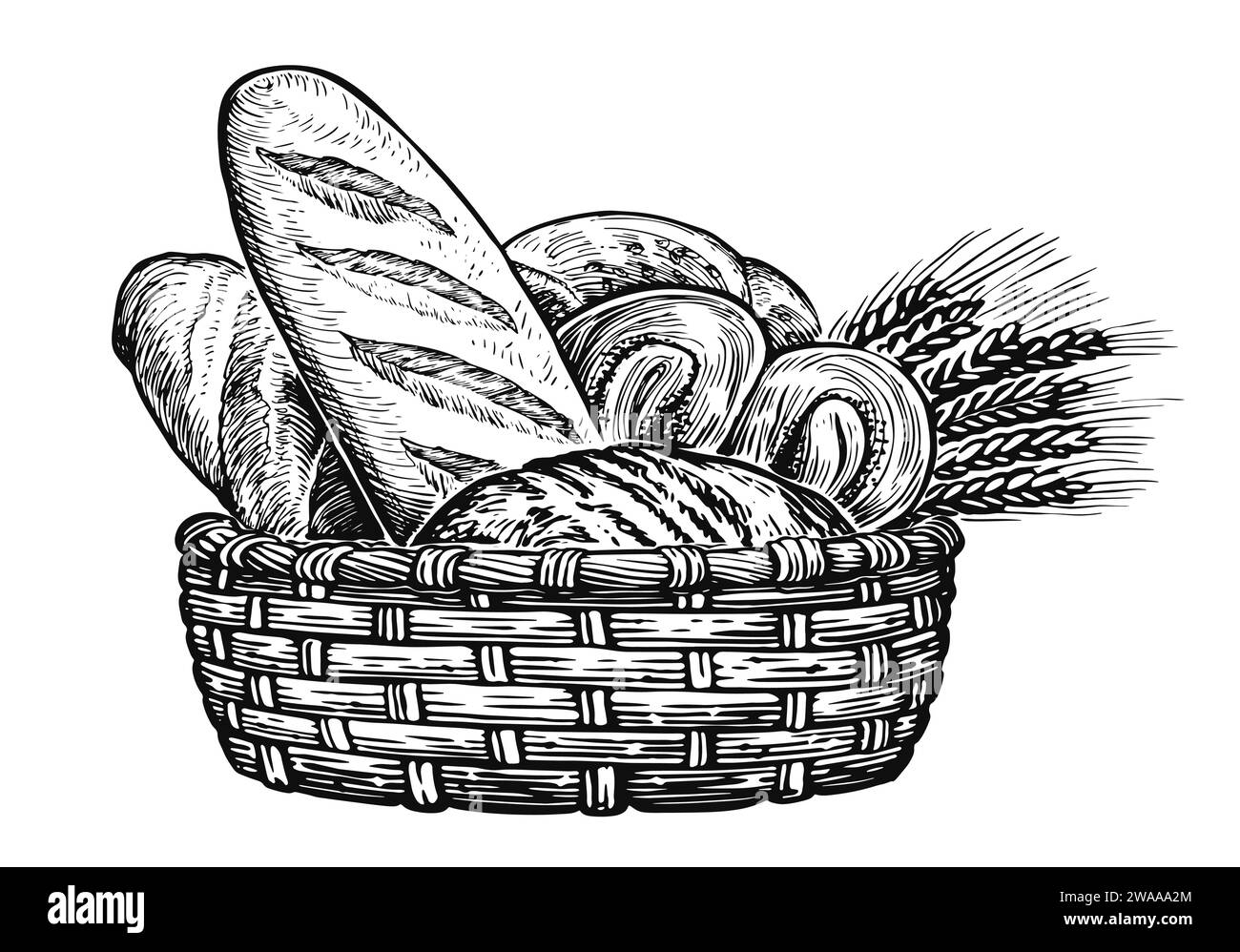 Korb mit Weizen und frischem Brot. Bäckereiprodukte, Skizze Illustration Stock Vektor