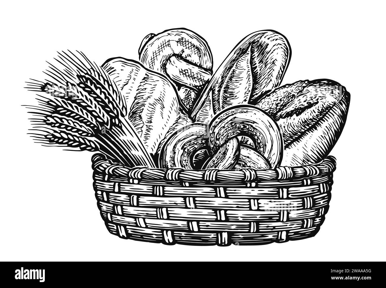 Korb voller Backwaren, Vintage-Stilgravierung. Brot und Gebäck, Skizze Illustration Stock Vektor