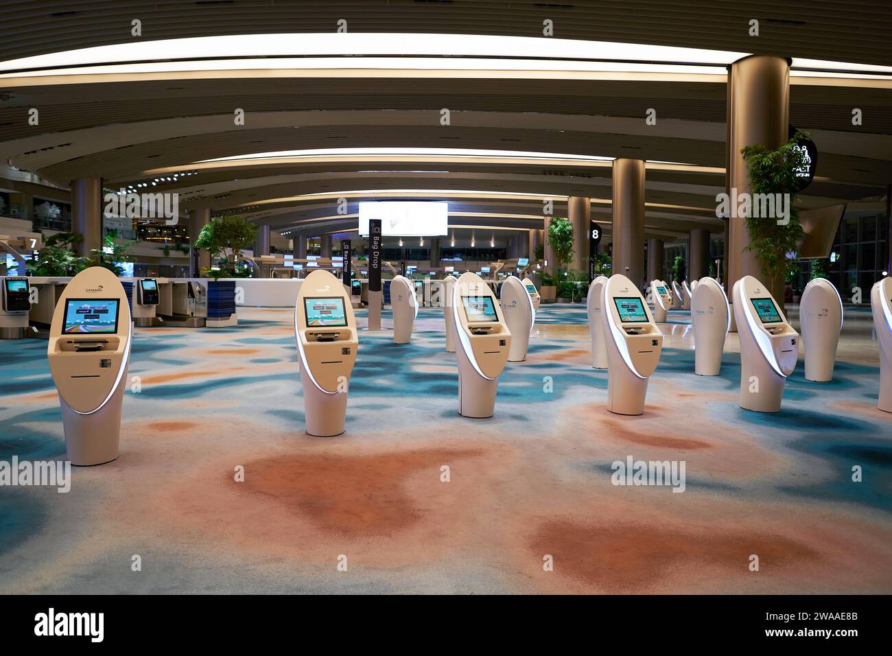 SINGAPUR - 06. NOVEMBER 2023: Selbsteincheckautomaten im Terminal 2 des Flughafens Singapur Changi. Stockfoto