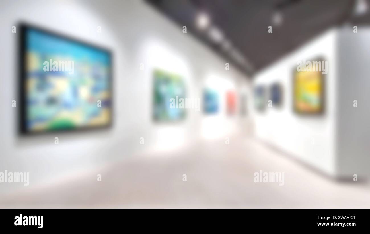 Kunstgalerie, zeitgenössische Gemälde. Unscharfer Hintergrund. Stockfoto