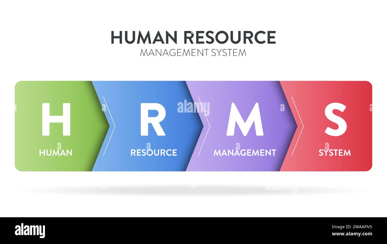 Das Infografik-Banner mit Symbolvektor für die Strategie des Human Resource Management Systems (HRMS) enthält Führung, Motivation, Fähigkeiten, Schulung und Leistung Stock Vektor