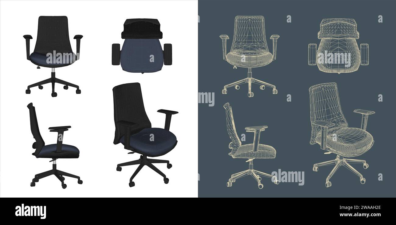Set aus ergonomischem Stuhl Wireframe Vektor Konzept Blueprint für Büro, Besprechungsraum und Konferenz Stock Vektor
