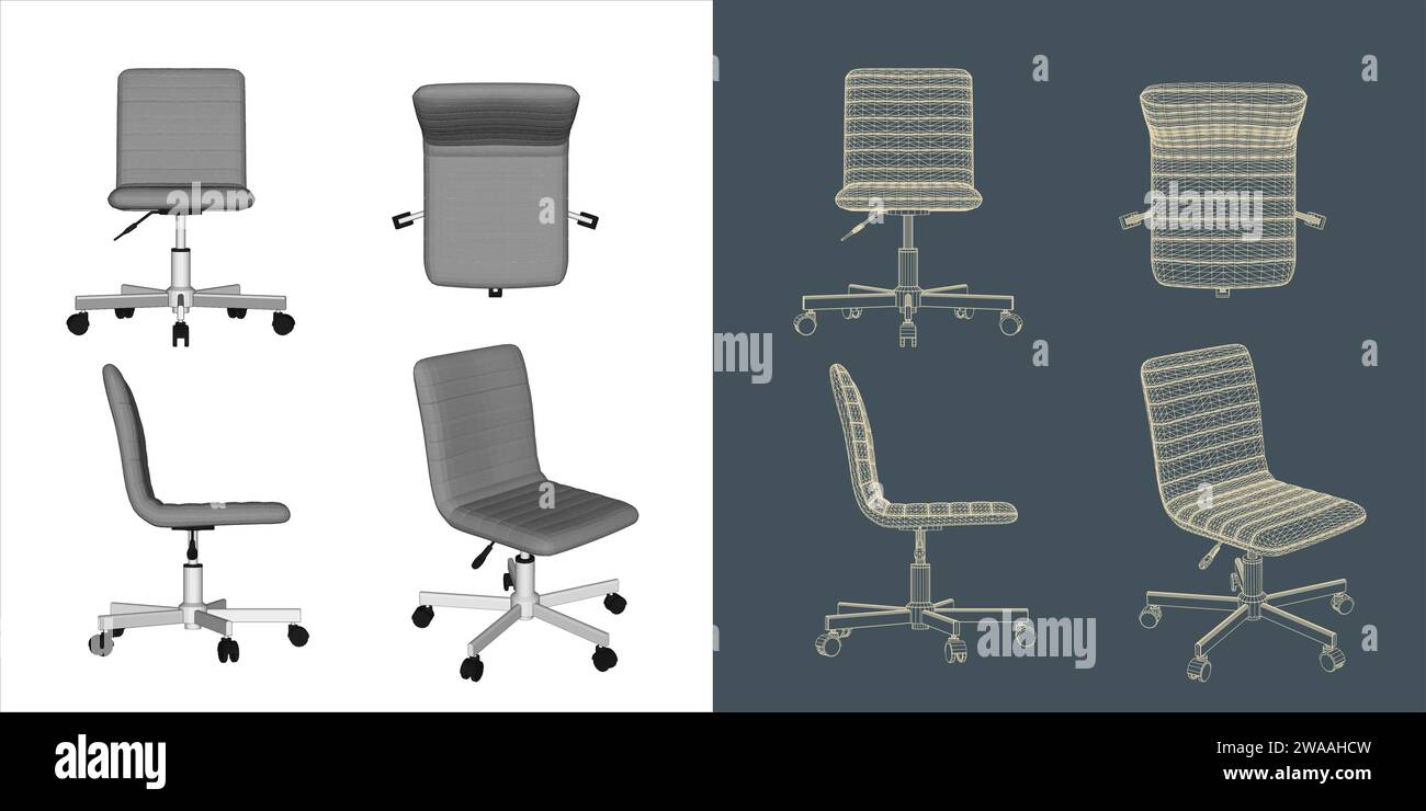 Set aus ergonomischem Stuhl Wireframe Vektor Konzept Blueprint für Büro, Besprechungsraum und Konferenz Stock Vektor