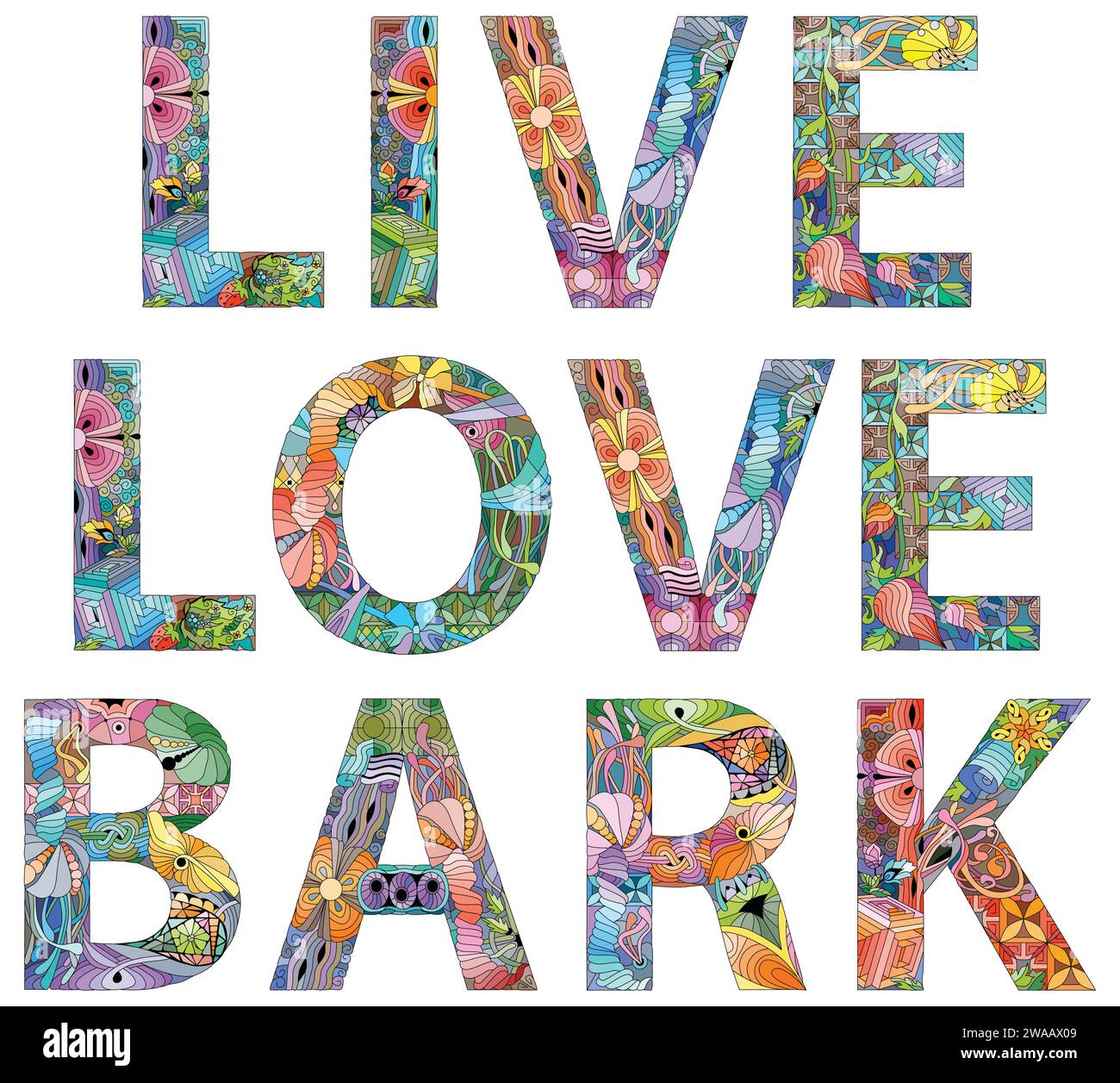 Handgemalte Kunst. Handgezeichnetes Illustration Wort Live Love Bark für T-Shirt und andere Dekoration Stock Vektor