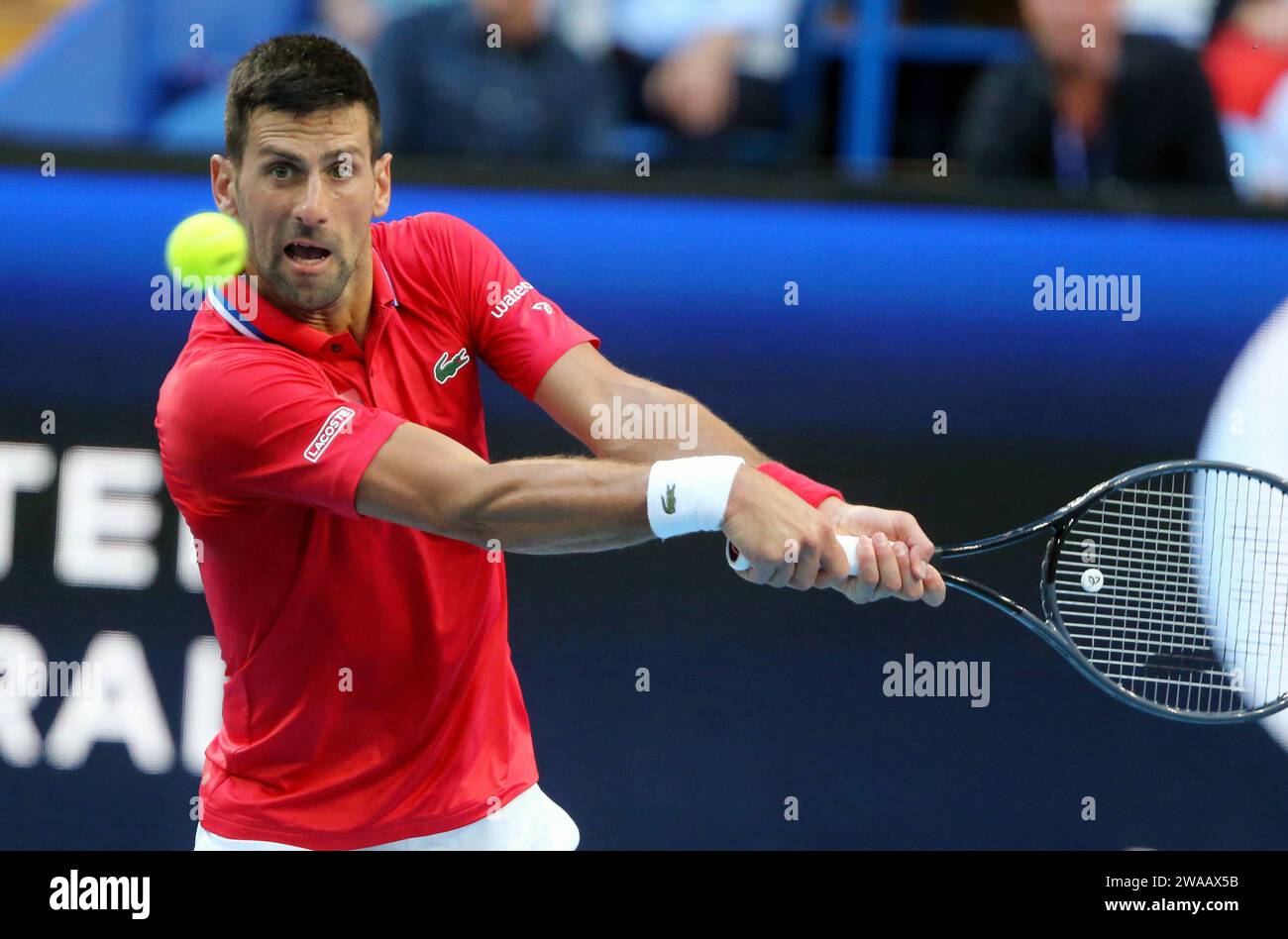 Perth, Australien. Januar 2024. Novak Djokovic aus Serbien kehrt den Ball an Alex de Minaur aus Australien zurück, während des Viertelfinales zwischen Australien und Serbien beim United Cup 2024 in Perth, Australien, am 3. Januar 2024. Quelle: Zhou Dan/Xinhua/Alamy Live News Stockfoto