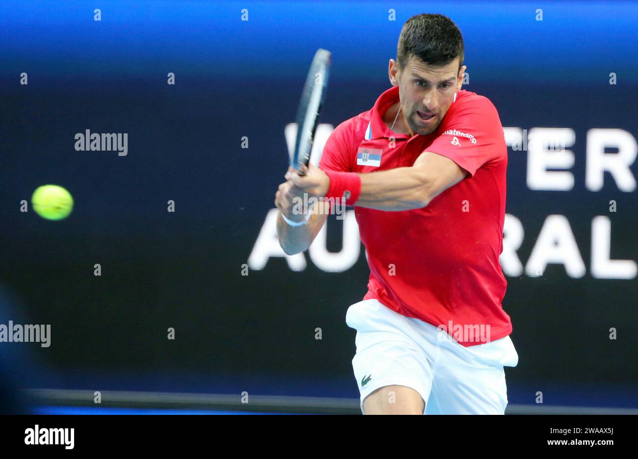 Perth, Australien. Januar 2024. Novak Djokovic aus Serbien kehrt den Ball an Alex de Minaur aus Australien zurück, während des Viertelfinales zwischen Australien und Serbien beim United Cup 2024 in Perth, Australien, am 3. Januar 2024. Quelle: Zhou Dan/Xinhua/Alamy Live News Stockfoto