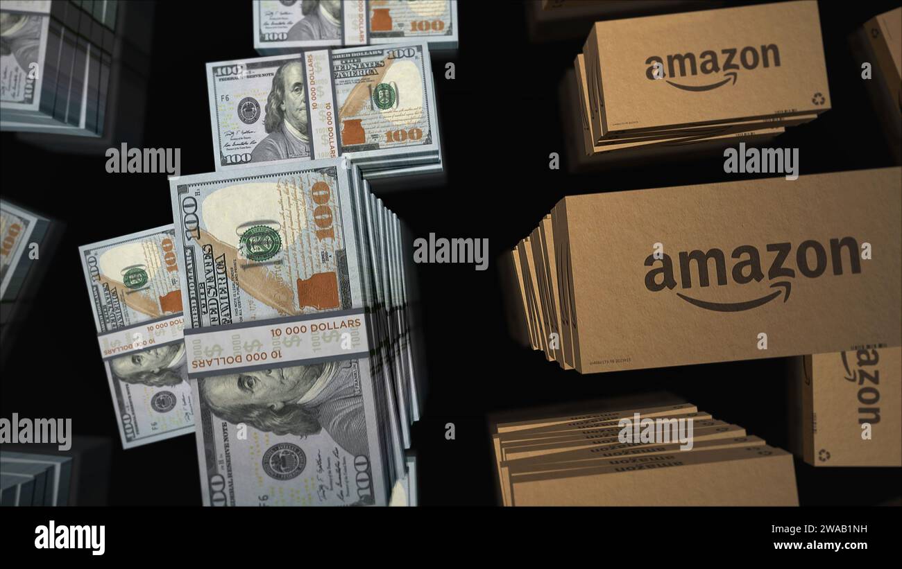 Posen, Polen, 2. Januar 2024: Amazon E-Commerce Box und US Dollar Geld Bundle Stacks. Herstellung von Kartonpackungen. Abstraktes Konzept 3D-Illustration. Stockfoto