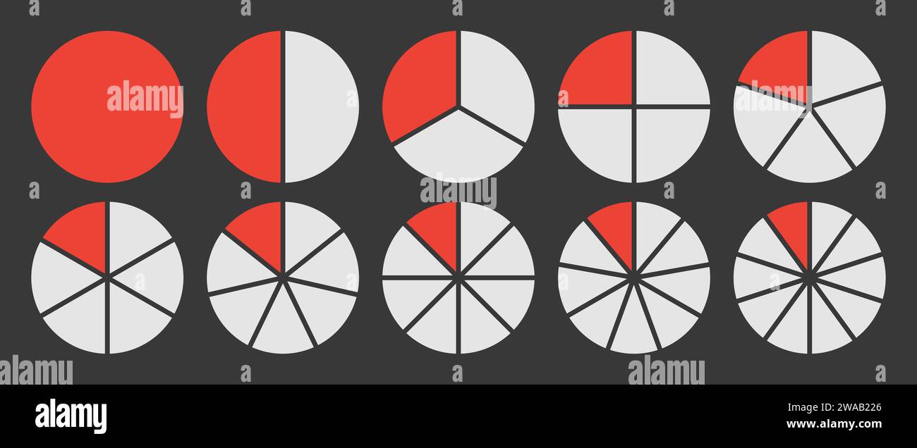 Kreis in 1-10 Teile unterteilt Symbolsatz. Diagramm mit rundem Segment in 1-10 Teilen Diagramm Symbol Kreisform Schnittdiagramm in Rot und weiß. Stock Vektor