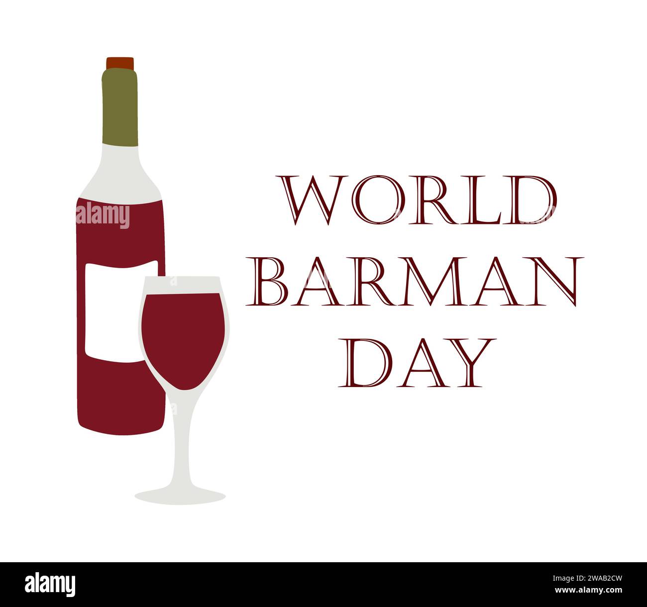 Poster zum Internationalen Bartender-Tag mit Schriftzug. Flasche Rotwein und Weinglas am World Barkeeper Day mit Text. Vektorflaches Objekt isoliert auf Whit Stock Vektor