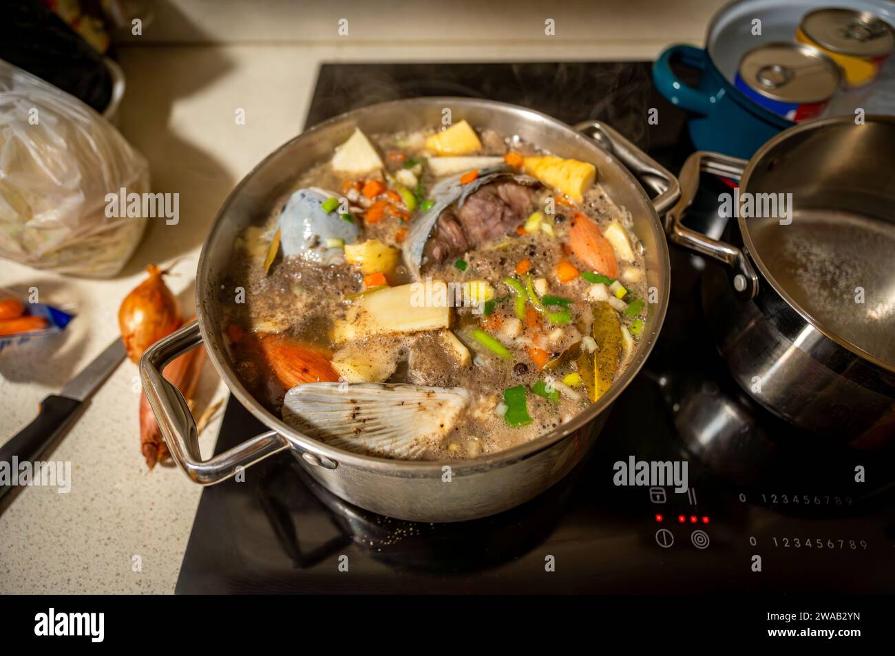 Kochen von Fischsuppe im Topf auf Keramikkochfeld, Nahaufnahme. Weihnachtsfischsuppe. Stockfoto