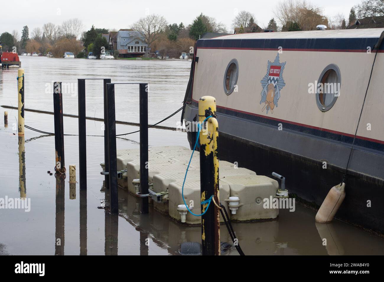 Old Windsor, Berkshire, Großbritannien. Januar 2024. Überschwemmungen auf dem Themsepfad von der Themse in Old Windsor, Berkshire. Nach Starkregen in jüngster Zeit gibt es einen Hochwasseralarm an der Themse von Datchet bis Shepperton Green, einschließlich Old Windsor, Wraysbury, Horton, Staines, Egham, Laleham und Chertsey einige der Themsen. Quelle: Maureen McLean/Alamy Live News Stockfoto