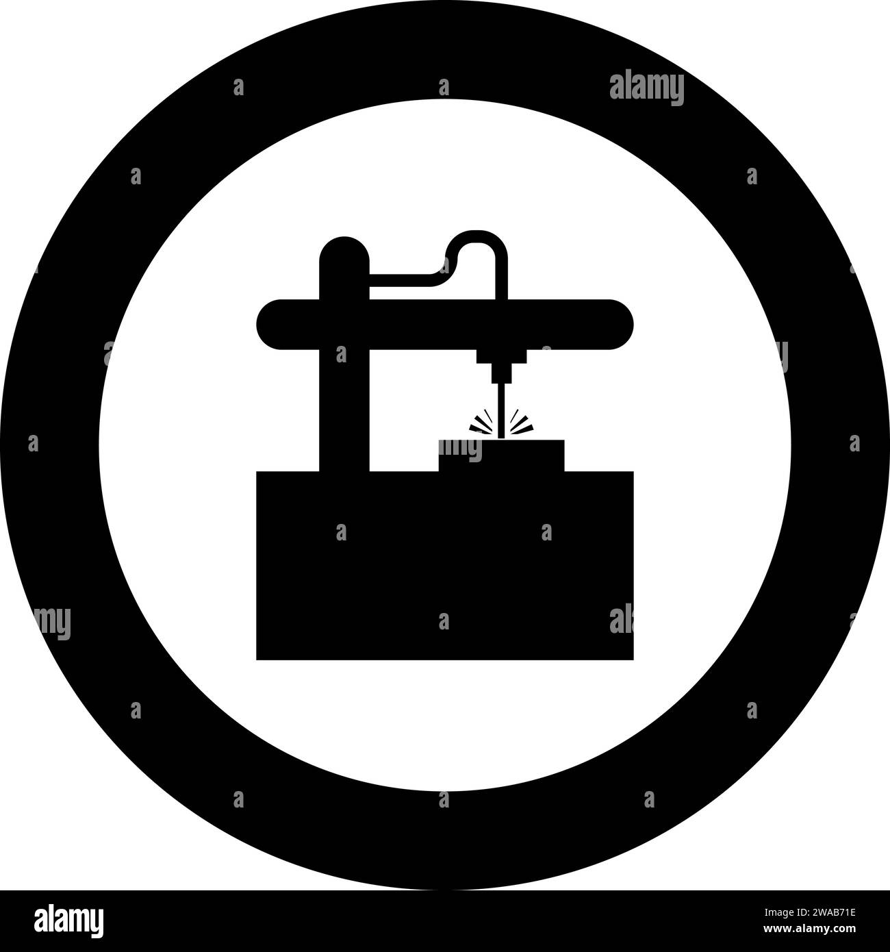 Laser-CNC-Maschine für Gravurgerät Ausrüstung zum Schneiden verwenden Strahl Symbol im Kreis Runde schwarze Farbe Vektor Illustration Bild solide Umrissart Stock Vektor