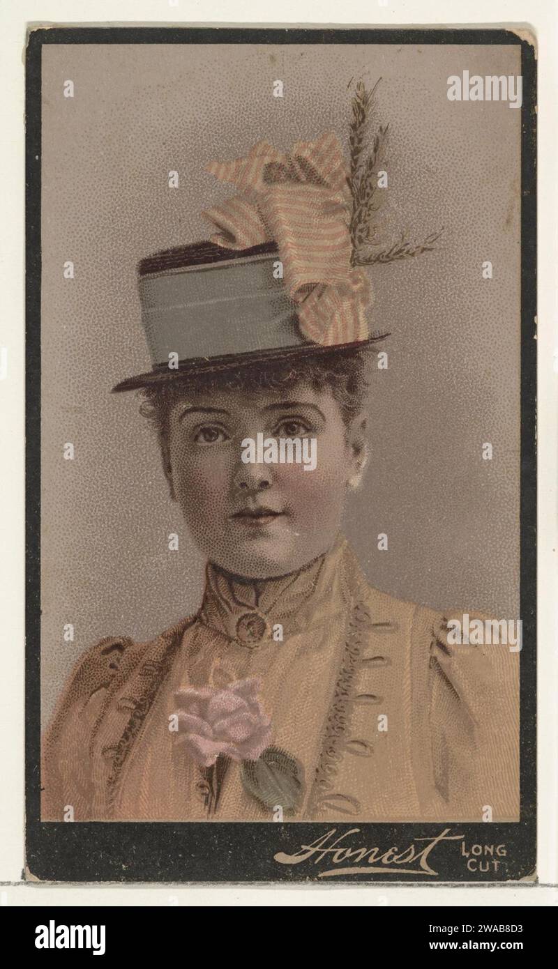 Schauspielerin mit hohem strukturiertem Hut mit gestreiftem Band, aus Stars of the Stage, Third Series (N131), herausgegeben von Duke Sons & Co. Zur Förderung von Honest Long Cut Tobacco 1963 der American Tobacco Company Stockfoto