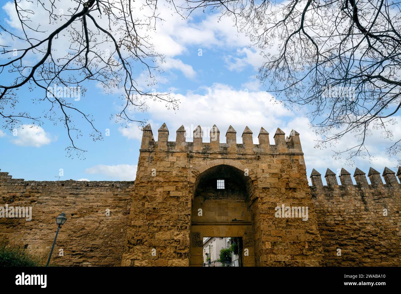 Almodóvar Tor der Umrandungsmauer von Córdoba, Andalusien, Spanien mit dekorativen Bäumen Stockfoto