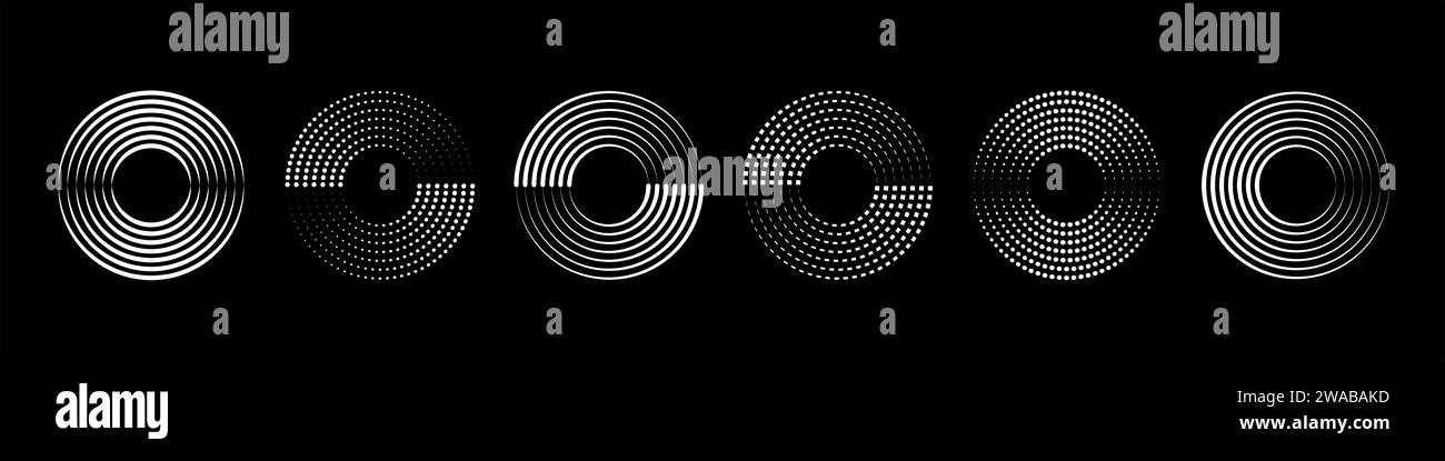 Set aus runden gepunkteten Rändern im Halbton, minimalistischem geometrischem Logo. Die Textur der Kreispunkte wird auf schwarzem Hintergrund isoliert. Abstraktes Vektor-Designelement Stock Vektor