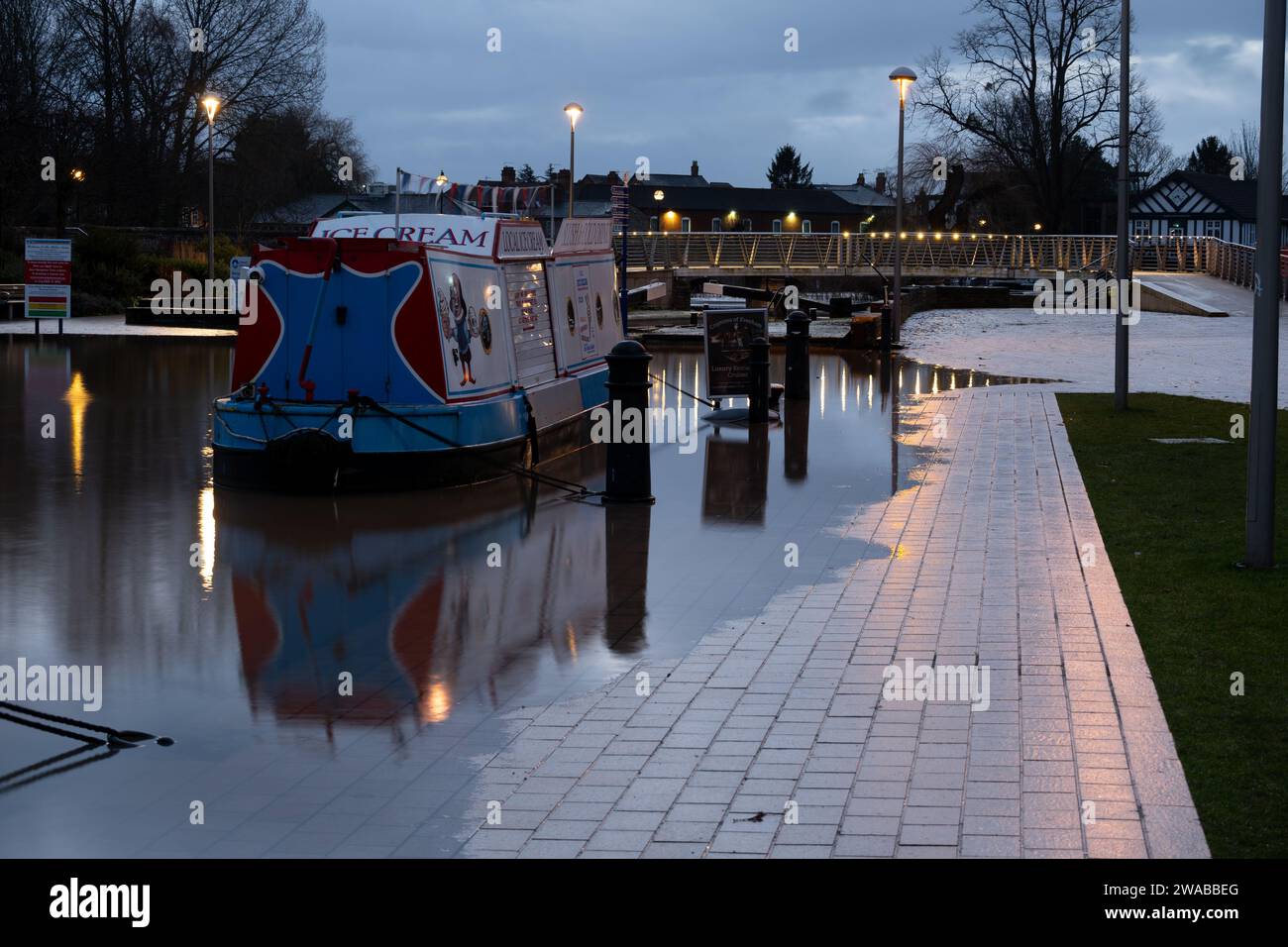 Bancroft Canal Basin während der Überschwemmungen im Januar 2024, Stratford-upon-Avon, Warwickshire, England, Vereinigtes Königreich Stockfoto