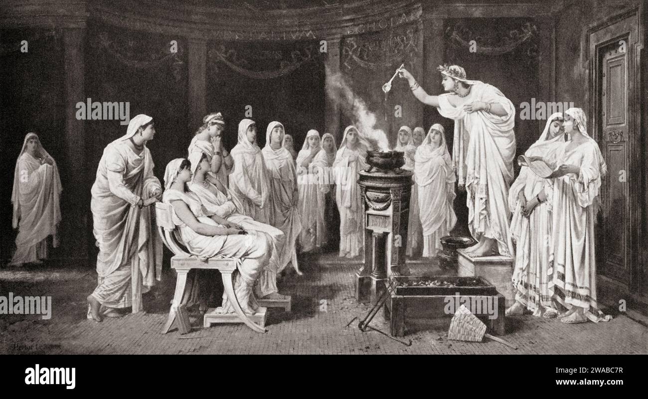 Die Schule der Vestalen oder Vestalen Jungfrauen, Priesterinnen von Vesta, Göttinnen des Herds im antiken Rom. Sie kultivierten das heilige Feuer, das nicht erlöschen durfte, sie wurden von den üblichen Pflichten befreit, zu heiraten und Kinder zu gebären. und legte ein Keuschheitsgelübde ab, um sich dem Studium und der korrekten Einhaltung staatlicher Rituale zu widmen, die für die männlichen Priesterhochschulen nicht zugelassen waren. Stockfoto