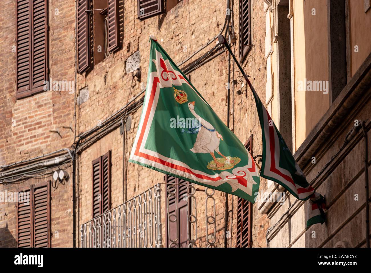 Contrade-Flaggen des Stadtviertels Oca-Goose hängen in einer Straße in der Innenstadt von Siena, Italien Stockfoto