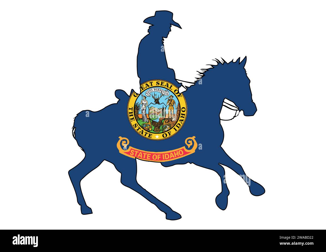 Eine Silhouette eines US-Cowboys auf einem Pferd mit eingefasster Flagge der Idaho State Flag Stock Vektor