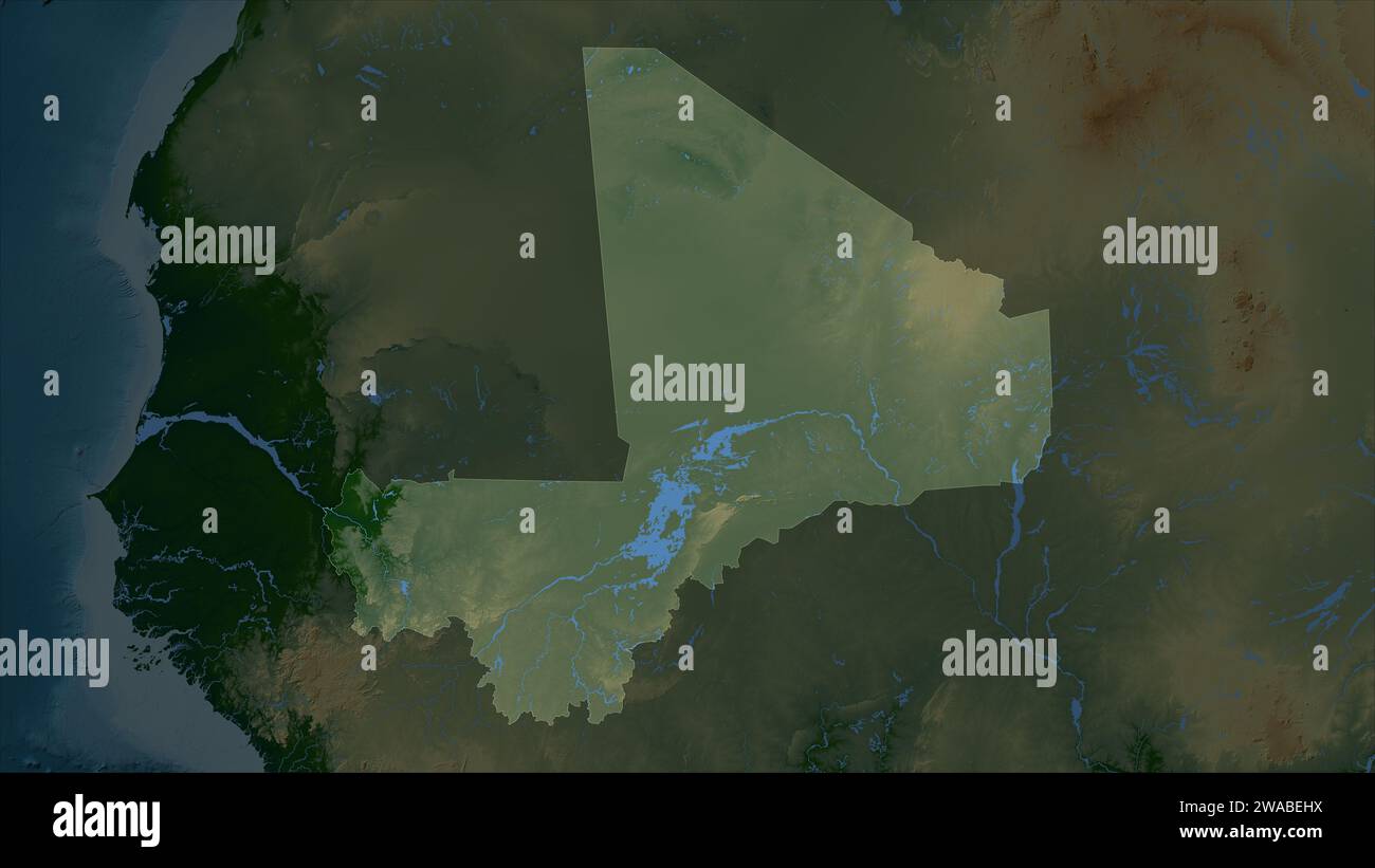 Mali wird auf einer farbigen Höhenkarte mit Seen und Flüssen hervorgehoben Stockfoto