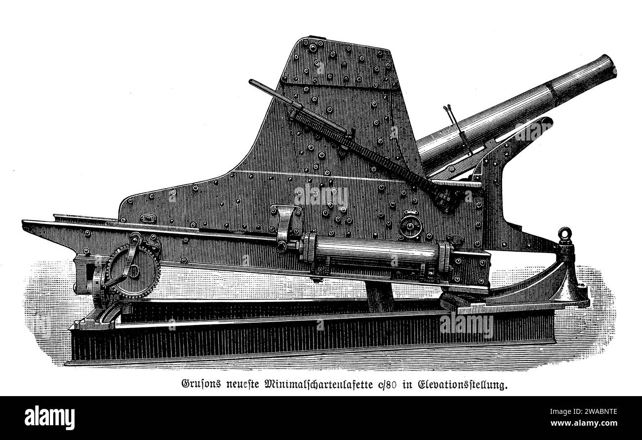 Gruson montierte Kanone auf untergeordnete Kasematenkutsche zur Nahverteidigung, Ende des 19. Jahrhunderts Stockfoto