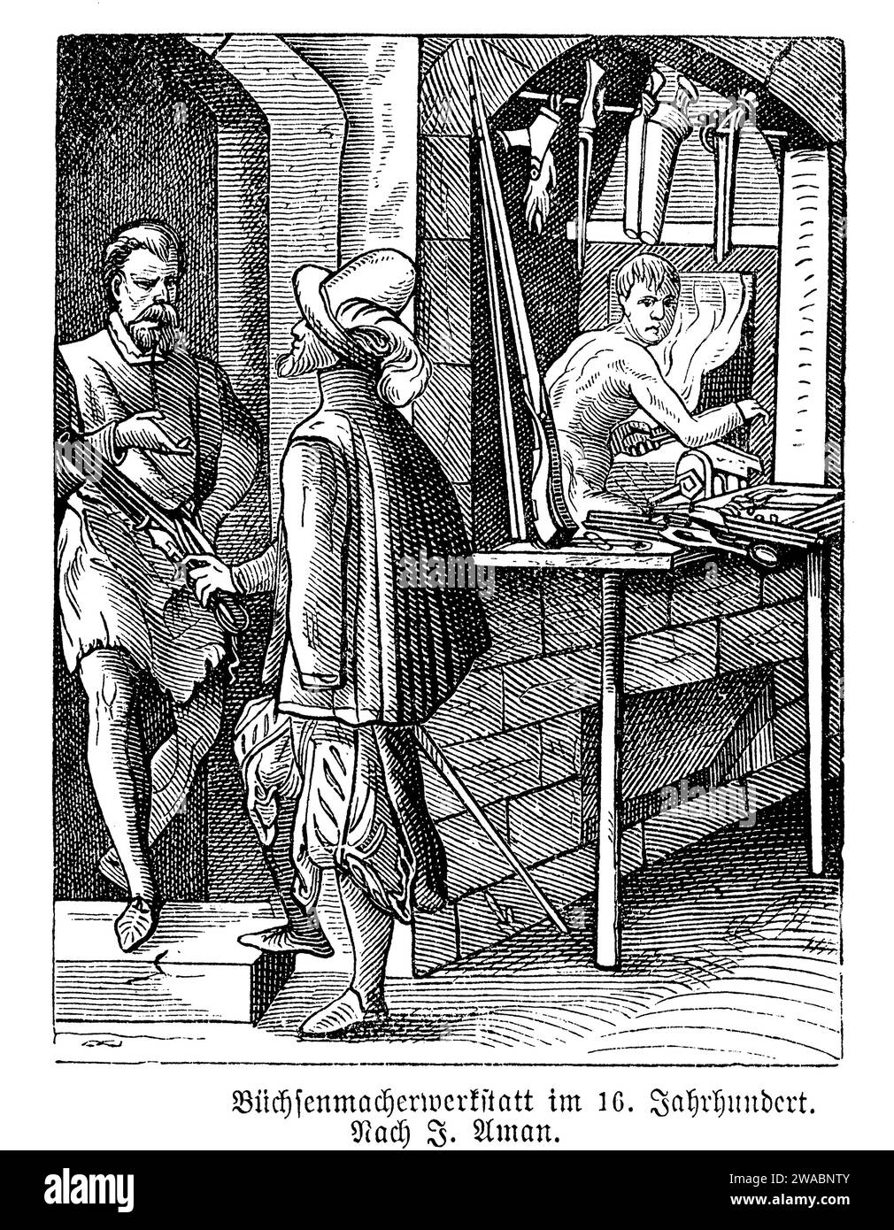 Renaissance-Gewehrmacherwerkstatt im 16. Jahrhundert, aus einem Holzschnitt des schweizerisch-deutschen Künstlers Jost Amman Stockfoto