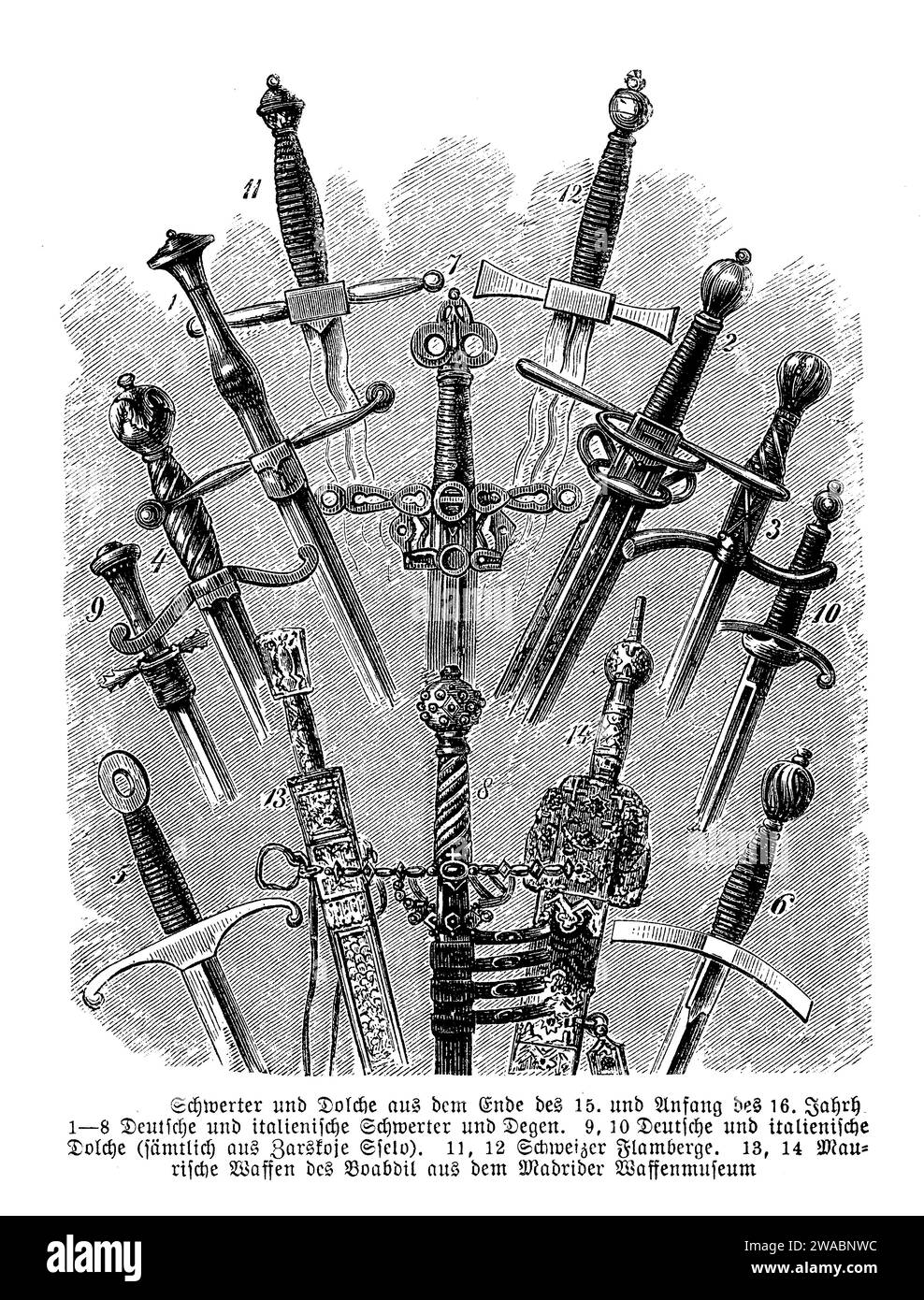 Beeindruckende Trophäe europäischer Messer und Schwerter aus dem 15. Bis 16. Jahrhundert aus dem Armeemuseum von Madrid Stockfoto