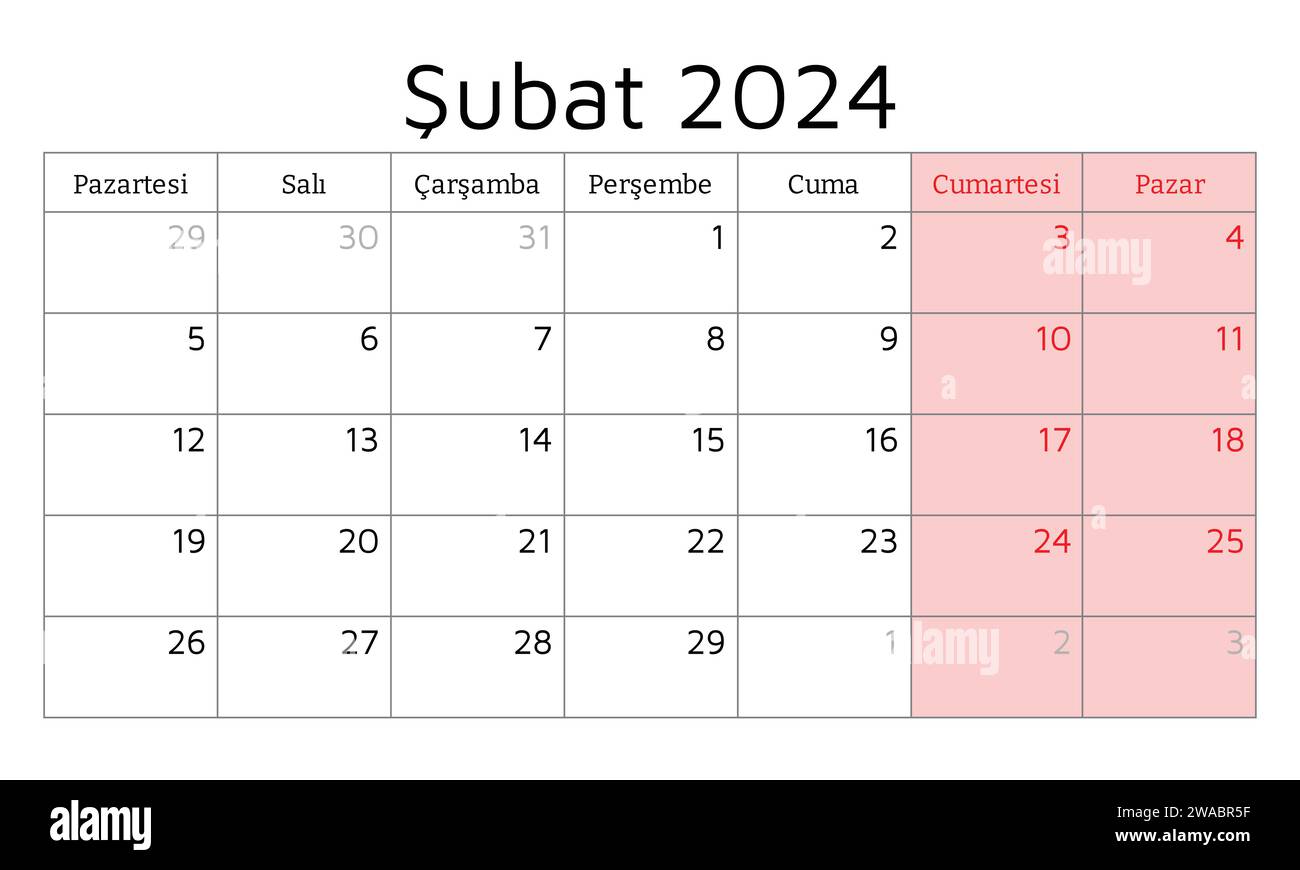 Februar 2024 TÜRKISCHER Kalender. Vektorabbildung. Monatliche Planung für Ihr Unternehmen in der Türkei Stock Vektor
