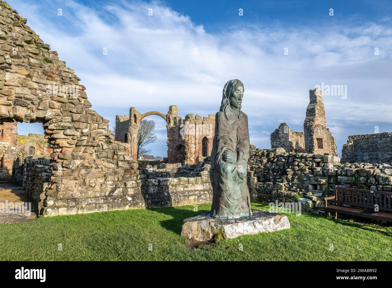 Statue von St. Cuthbert, Heilige Insel Stockfoto