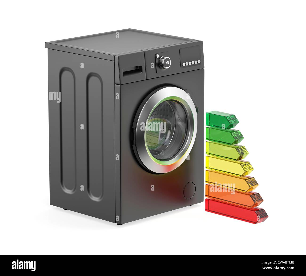 Schwarze Frontlader-Waschmaschine und Energieeffizienzbalken Stockfoto