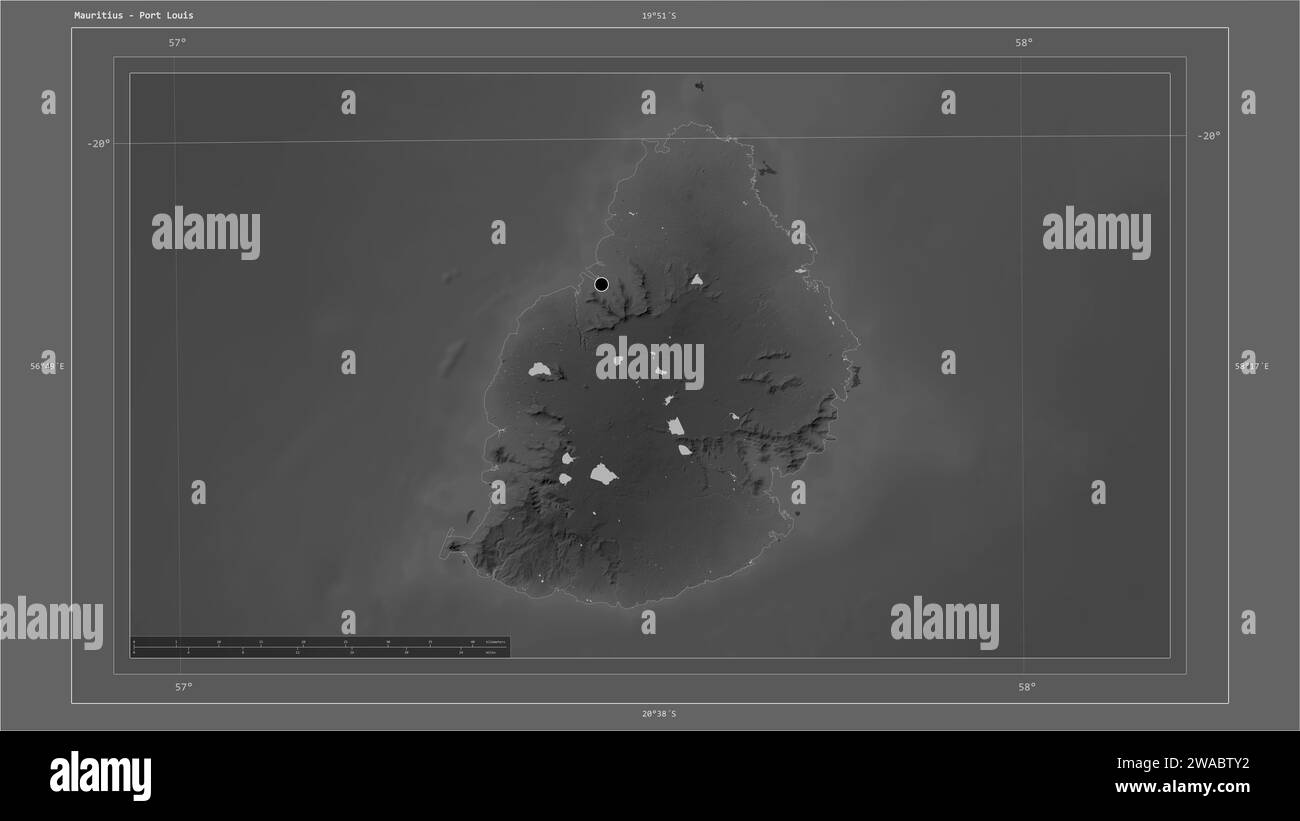 Mauritius wird auf einer grauen Höhenkarte mit Seen und Flüssen mit Landeshauptstadt, kartographischem Raster, Entfernungsskala und m hervorgehoben Stockfoto