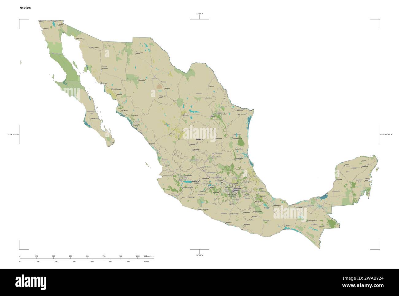 Form einer topografischen Karte im humanitären OSM-Stil von Mexiko, mit Entfernungsskala und Kartengrenzkoordinaten, isoliert auf weiß Stockfoto